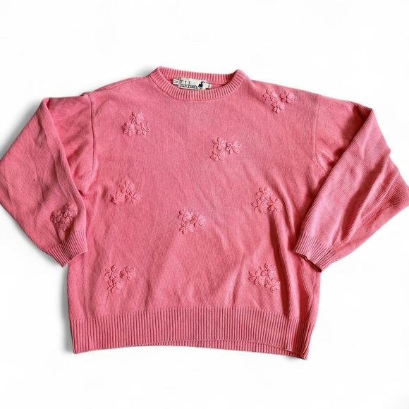 Tulchan Vintage Pink Cotton Embroidered Floral Sweater Size Large - Picture 1 of 5